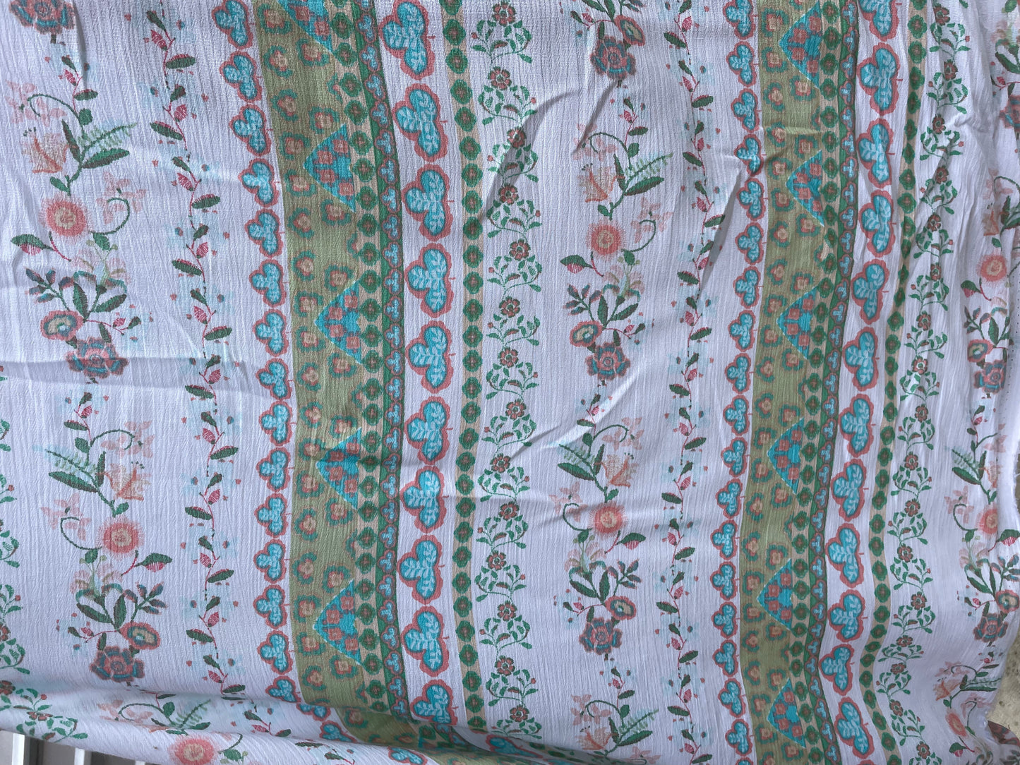 White Sage Pink Blue Paisley Stripe Soft Rayon Crepe "Folky Georgia"