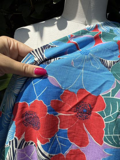 Red Blue Green White Cream Floral Rayon Fille Woven "Tia Maria's Mumu"