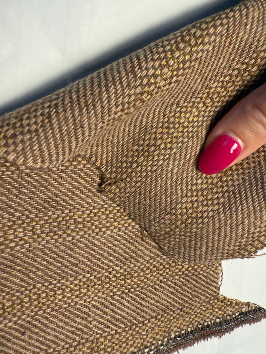 Tan Brown Woven Herringbone Stripe Wool Polyester Coating "Basket Weave"