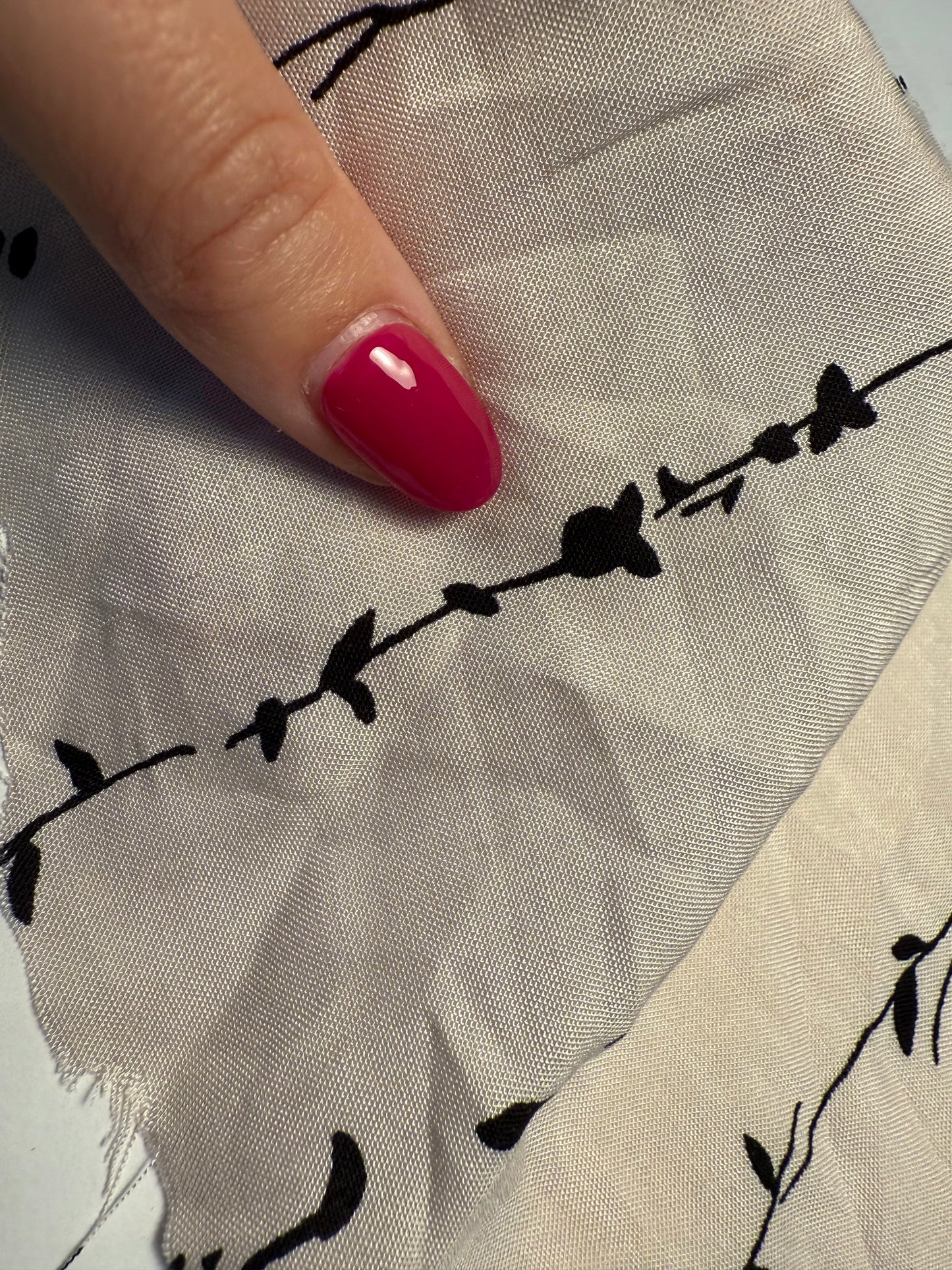 Black White Line Art Floral Print Rayon Challis Woven "Lovely Vines"