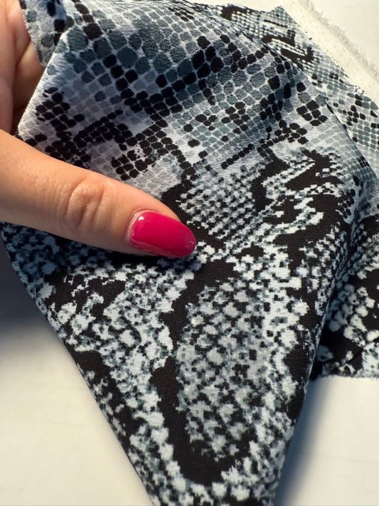 Black White Gray Abstract Snake Animal Print Polyester Crepe "Snakeskin Impressions"