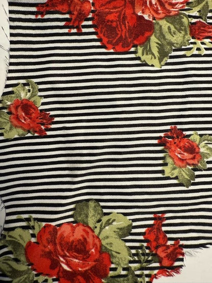 Black White Red Green Rose Floral Thin Stripe Polyester Woven "Darling Rosie"