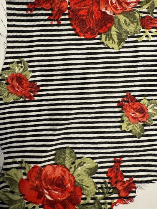 Black White Red Green Rose Floral Thin Stripe Polyester Woven "Darling Rosie"