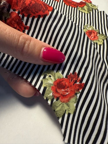 Black White Red Green Rose Floral Thin Stripe Polyester Woven "Darling Rosie"