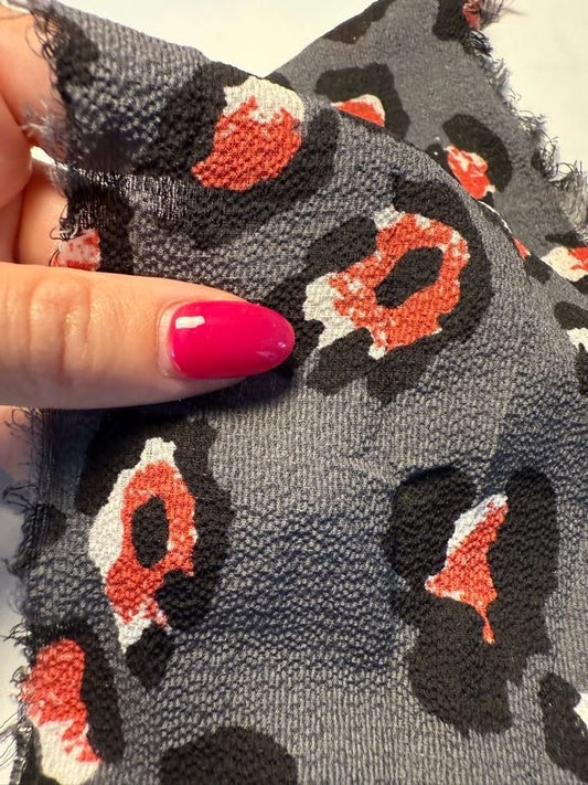 Gray Black Red White Leopard Print Polyester Crepe "Red Eye Jungle"