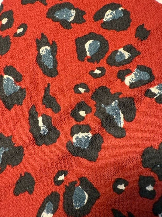 Red Black White Blue Leopard Print Polyester Crepe "Crimson Cat"