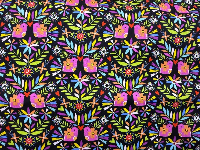 Black Pink Green Purple Yellow Orange White Blue Red Birds Floral Hearts Cotton "Lorikeet Love"