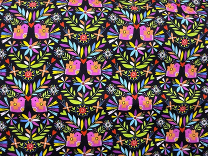 Black Pink Green Purple Yellow Orange White Blue Red Birds Floral Hearts Cotton "Lorikeet Love"