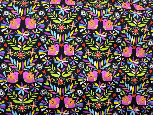 Black Pink Green Purple Yellow Orange White Blue Red Birds Floral Hearts Cotton "Lorikeet Love"
