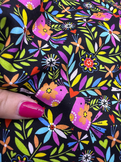 Black Pink Green Purple Yellow Orange White Blue Red Birds Floral Hearts Cotton "Lorikeet Love"