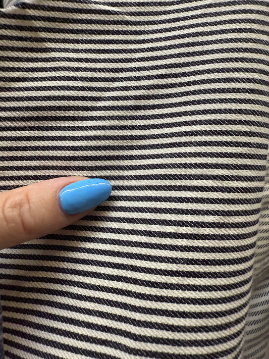Navy White Thin Stripe Light Weight Cotton Spandex Denim "Tracks"