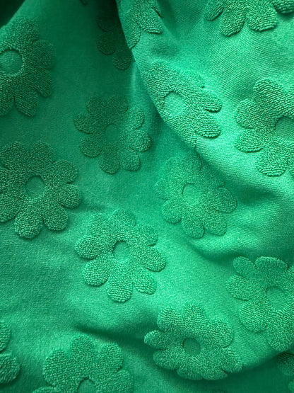 Solid Green Floral Print Daisy Terry Cloth Polyester Jacquard "Clover Patch"