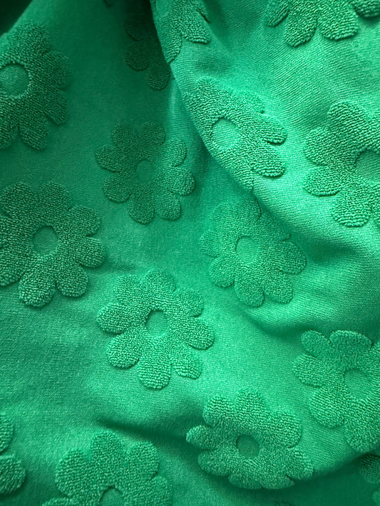 Solid Green Floral Print Daisy Terry Cloth Polyester Jacquard "Clover Patch"