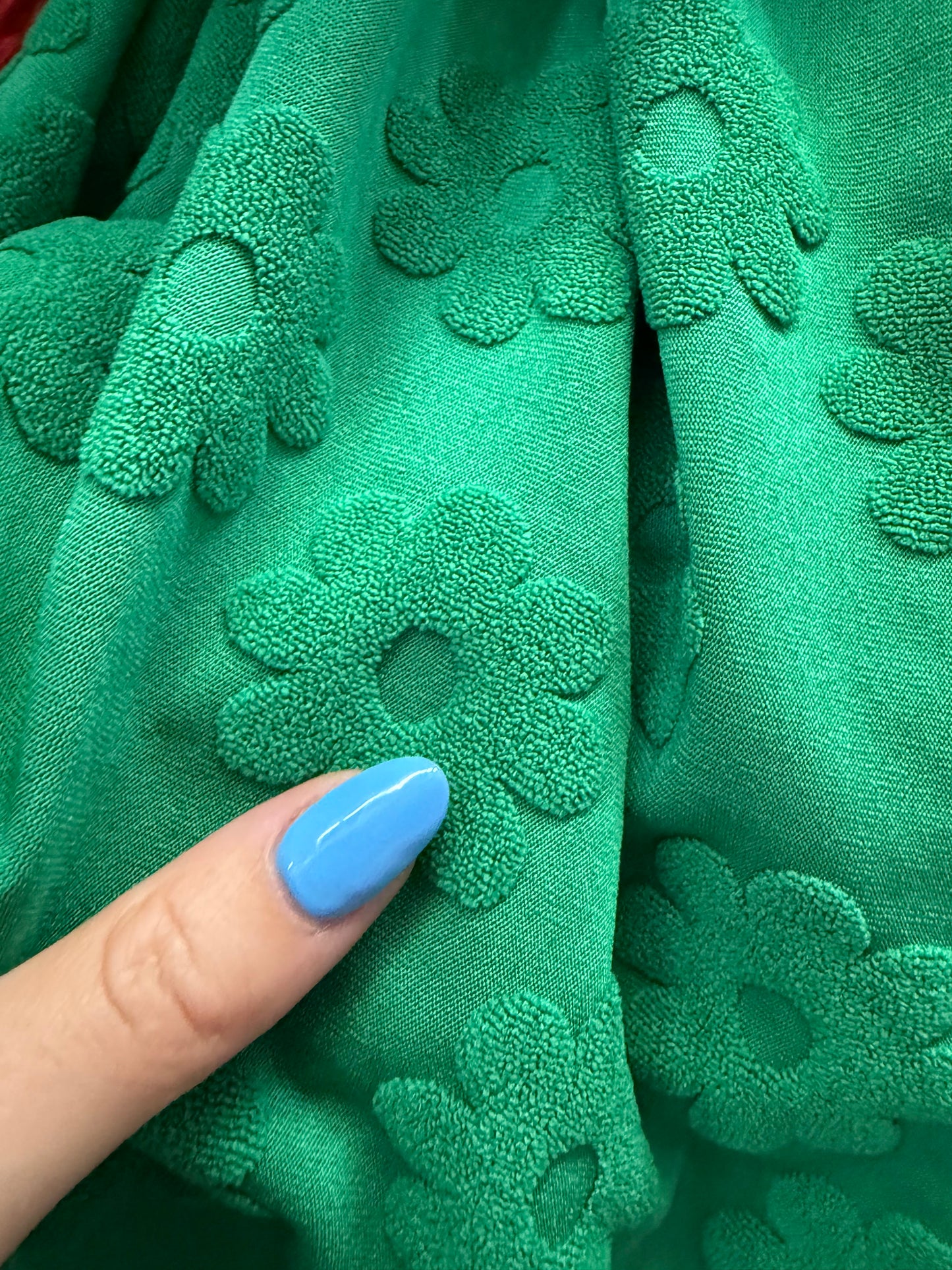 Solid Green Floral Print Daisy Terry Cloth Polyester Jacquard "Clover Patch"