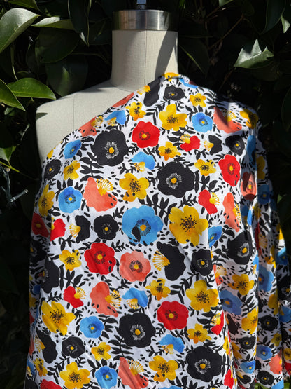 Black Blue Yellow Red White Pink Floral Quilt Cotton Poplin Woven "Poppy Blooms"