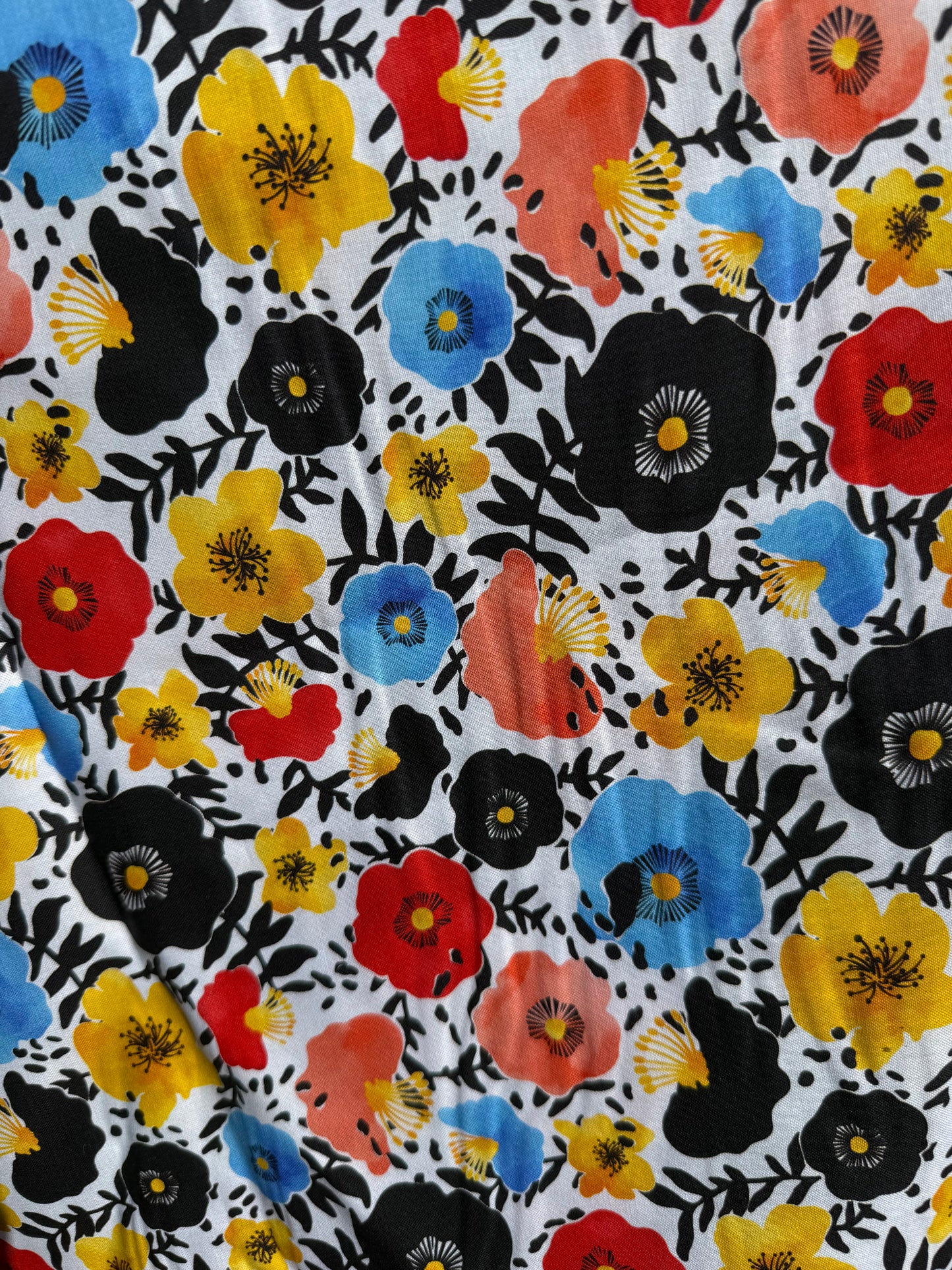Black Blue Yellow Red White Pink Floral Quilt Cotton Poplin Woven "Poppy Blooms"