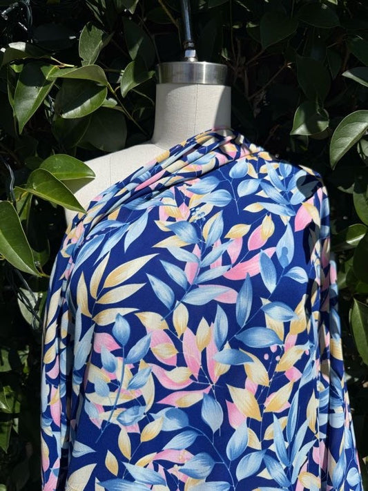 Blue Pink Yellow Leaf Print Polyester Crepe Woven "Out of the Office"
