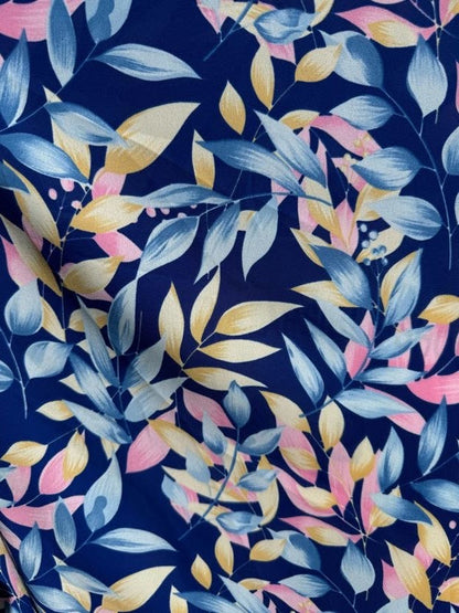 Blue Pink Yellow Leaf Print Polyester Crepe Woven "Out of the Office"