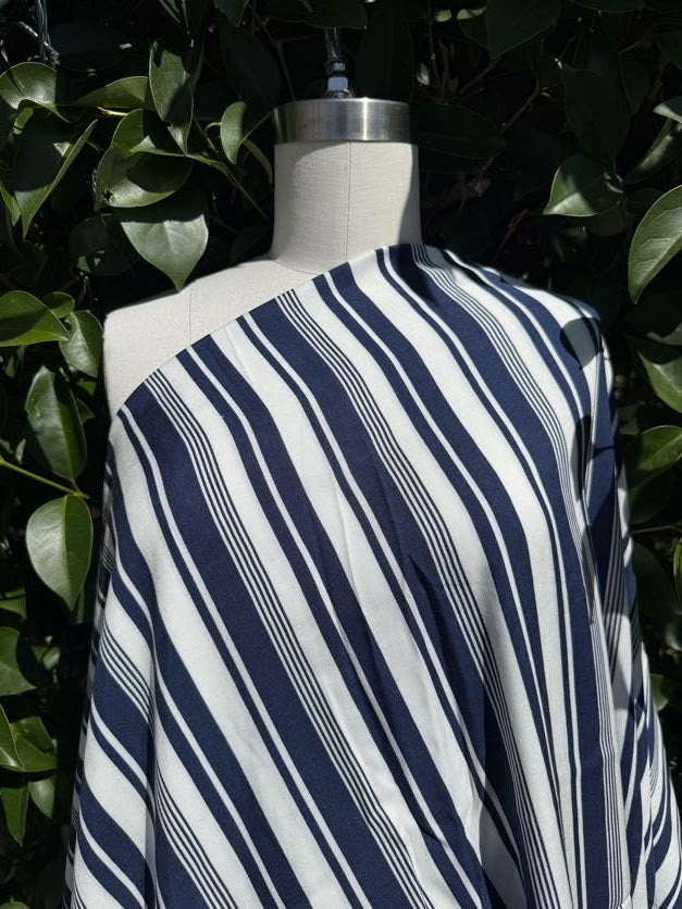 Blue White Stripe Rayon Challis Woven "Beach Front Walk"