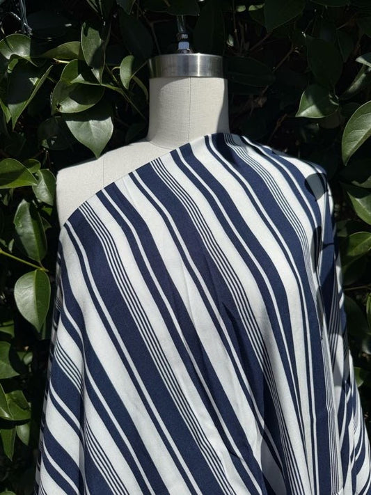 Blue White Stripe Rayon Challis Woven "Beach Front Walk"