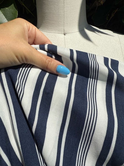 Blue White Stripe Rayon Challis Woven "Beach Front Walk"