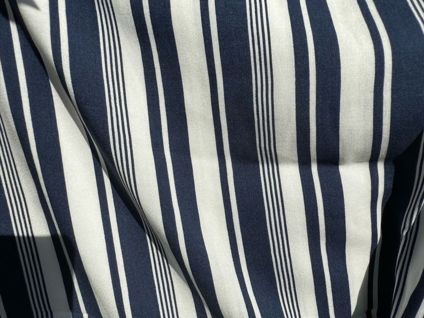 Blue White Stripe Rayon Challis Woven "Beach Front Walk"