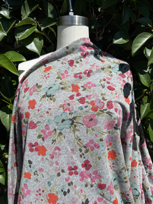 Pink Green Grey Abstract Watercolor Floral Tri-Blend Cotton Jersey "Dusty Blooms"