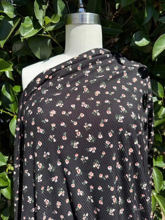Black Pink Green Ditsy Floral Polyester Spandex Brush Rib Knit "Moody Garden Beds"