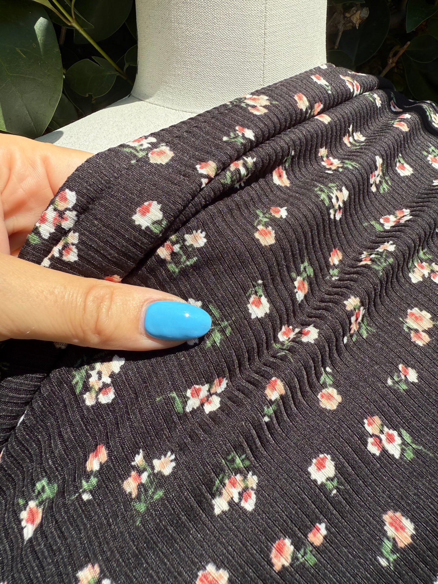 Black Pink Green Ditsy Floral Polyester Spandex Brush Rib Knit "Moody Garden Beds"