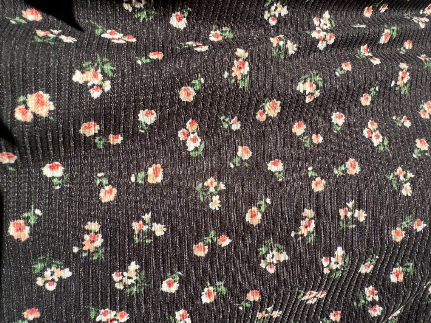 Black Pink Green Ditsy Floral Polyester Spandex Brush Rib Knit "Moody Garden Beds"