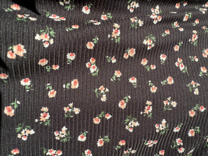 Black Pink Green Ditsy Floral Polyester Spandex Brush Rib Knit "Moody Garden Beds"