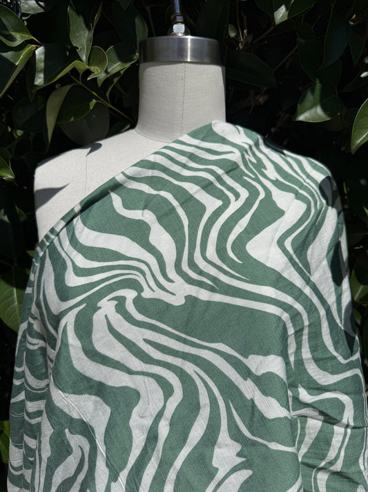 Sage Green White Zebra Animal  Print Rayon Faille Woven "Grassy Zebra"