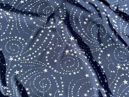 Blue White Star Polyester Crepe Woven "Constellations Spirals"