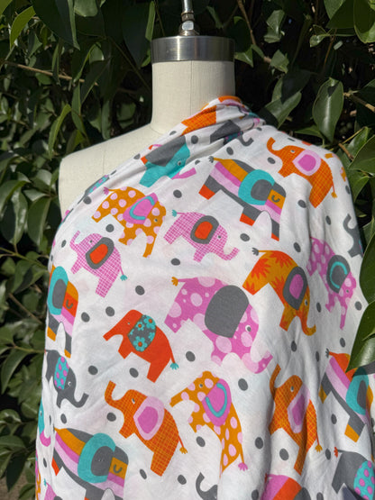 Pink Blue Orange Purple Gray Yellow White Dot Elephant Cotton Spandex Jersey Knit "Curious Elephants"
