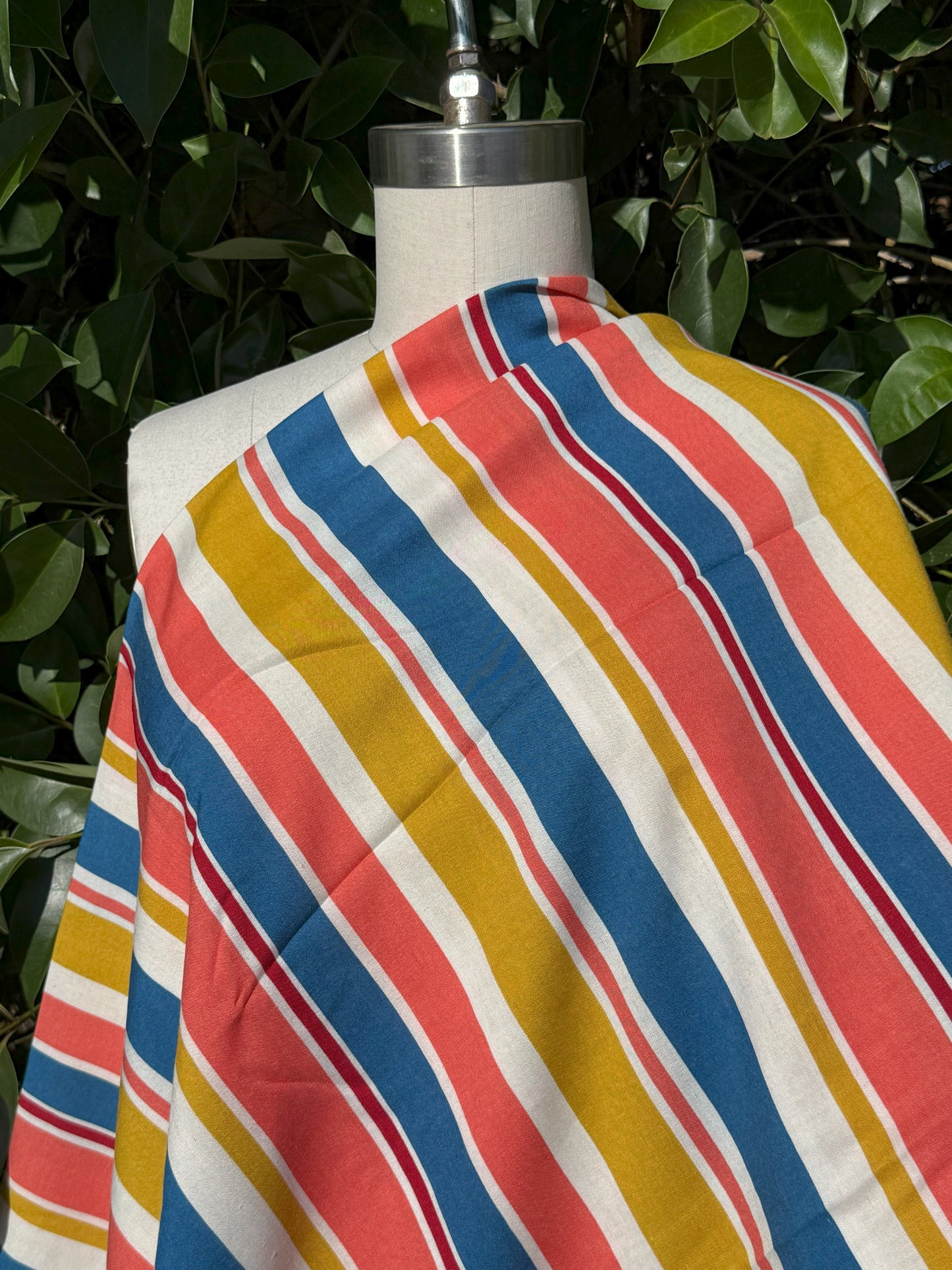 Coral Blue Yellow Variegated Vertical Stripe Rayon Challis Woven "Island Punch"