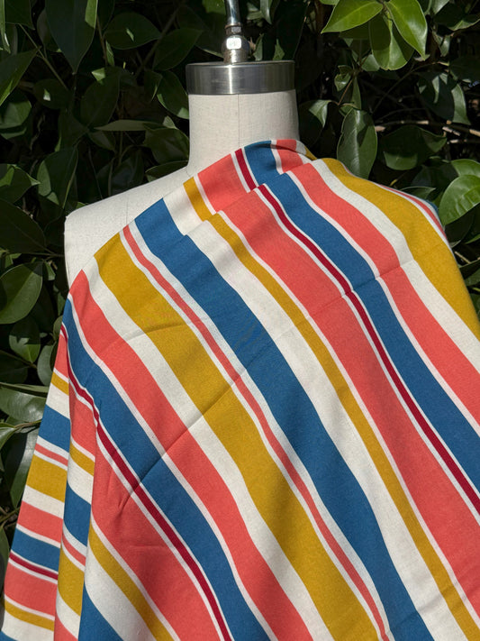 Coral Blue Yellow Variegated Vertical Stripe Rayon Challis Woven "Island Punch"