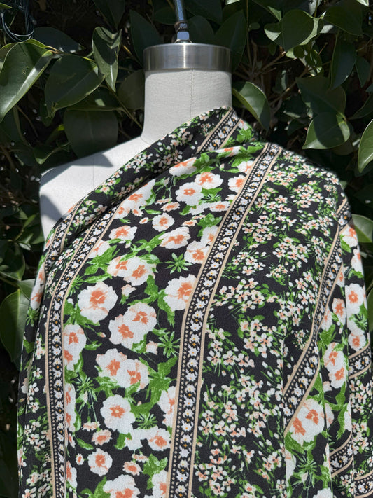 Black White Green Stripe Floral Vertical Stripe Boho Rayon Challis Woven "Seville Spring"