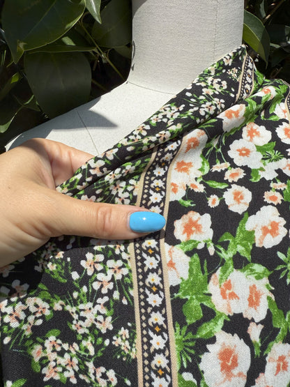 Black White Green Stripe Floral Vertical Stripe Boho Rayon Challis Woven "Seville Spring"