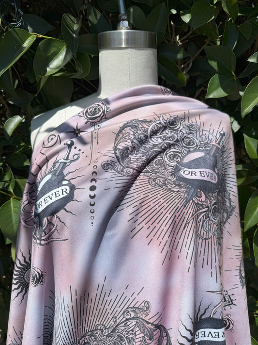 Pink Black Tie-dye Sword in Heart Sun Floral Ink Moon Polyester Spandex Jersey Knit "Love Never Dies"