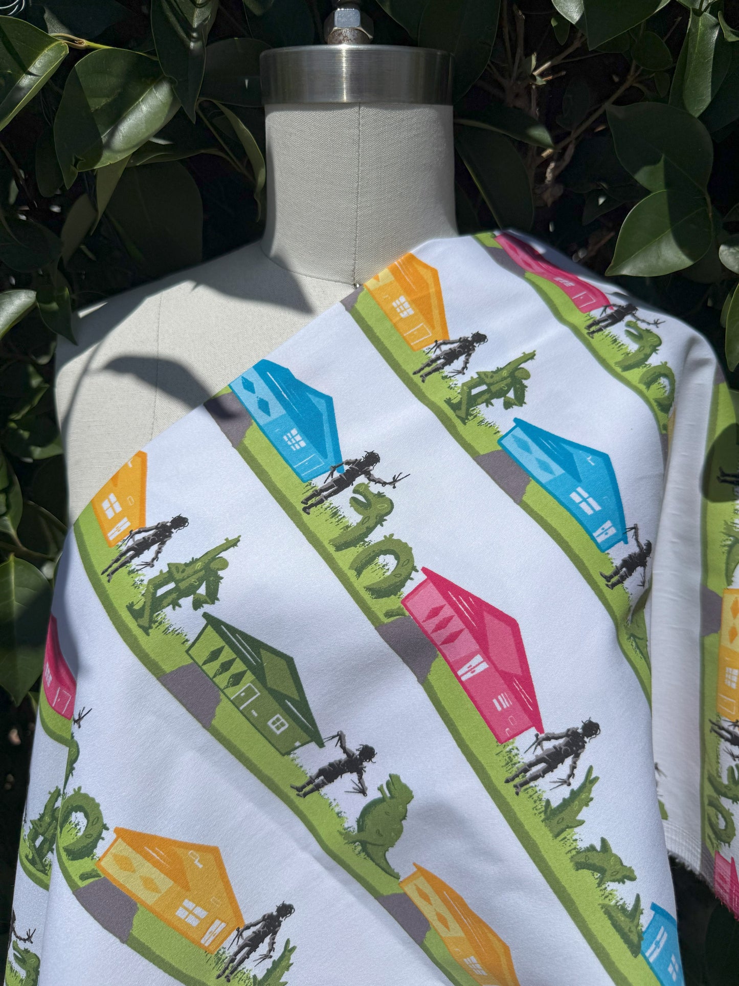 Pink Blue Orange Black Houses Decorative Hedeges Edward Sissorhands Cotton Spandex Sateen Woven "Sculpting in Suburbia"