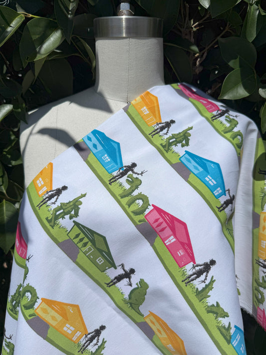 Pink Blue Orange Black Houses Decorative Hedeges Edward Sissorhands Cotton Spandex Sateen Woven "Sculpting in Suburbia"