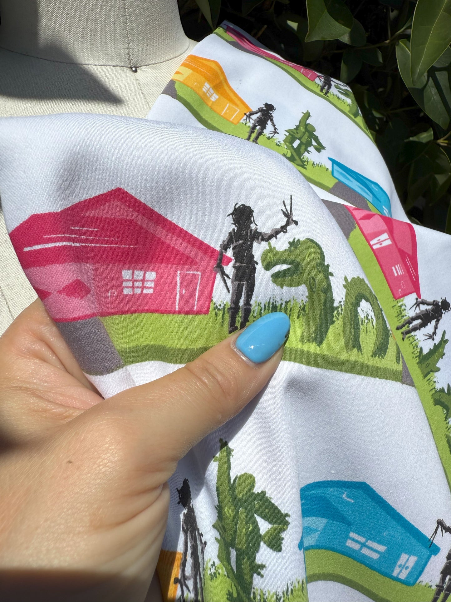 Pink Blue Orange Black Houses Decorative Hedeges Edward Sissorhands Cotton Spandex Sateen Woven "Sculpting in Suburbia"
