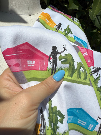 Pink Blue Orange Black Houses Decorative Hedeges Edward Sissorhands Cotton Spandex Sateen Woven "Sculpting in Suburbia"