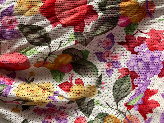 White Bright Colorful Fruit Grapes Yellow Floral Polyester Spandex Mesh Vintage 90s  "Roman Picnic"