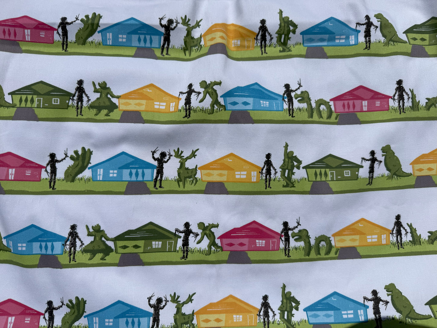 Pink Blue Orange Black Houses Decorative Hedeges Edward Sissorhands Cotton Spandex Sateen Woven "Sculpting in Suburbia"