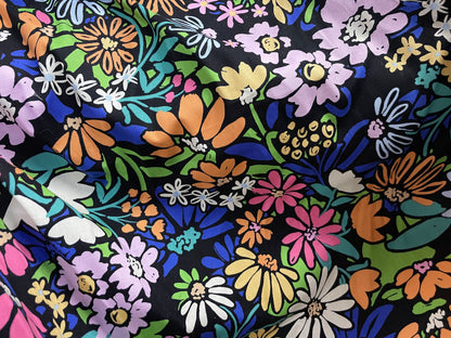 Black Bright Multi Color Floral Cotton Spandex Poplin "Black Light Garden"