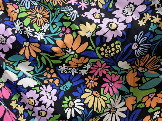 Black Bright Multi Color Floral Cotton Spandex Poplin "Black Light Garden"