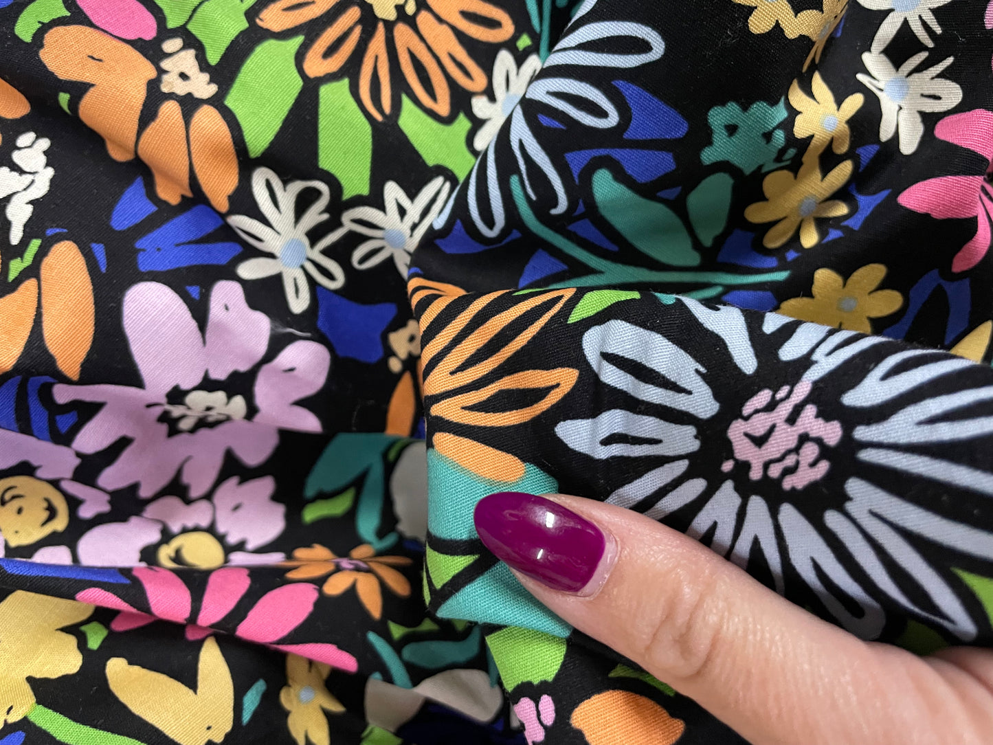 Black Bright Multi Color Floral Cotton Spandex Poplin "Black Light Garden"