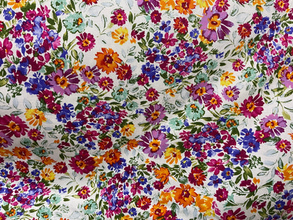 White Pink  Bright Multi Color Floral Cotton Spandex Poplin "Tea Time Date"
