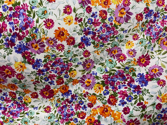 White Pink  Bright Multi Color Floral Cotton Spandex Poplin "Tea Time Date"